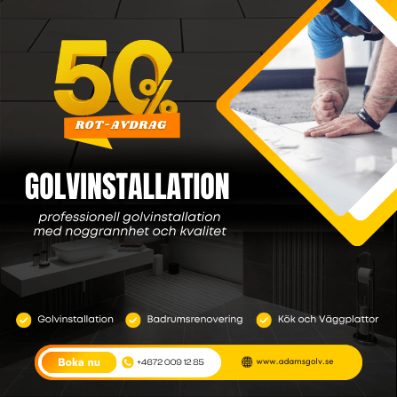 Annonsmaterial för Adams Golv om golvinstallation och ROT-avdrag